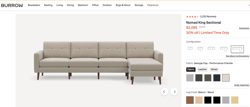 Burrow Nomad King Sectional, Reversible Chaise, Reversible Tuft or Flat Back Cushion in Georgia Clay - Performance Chenille