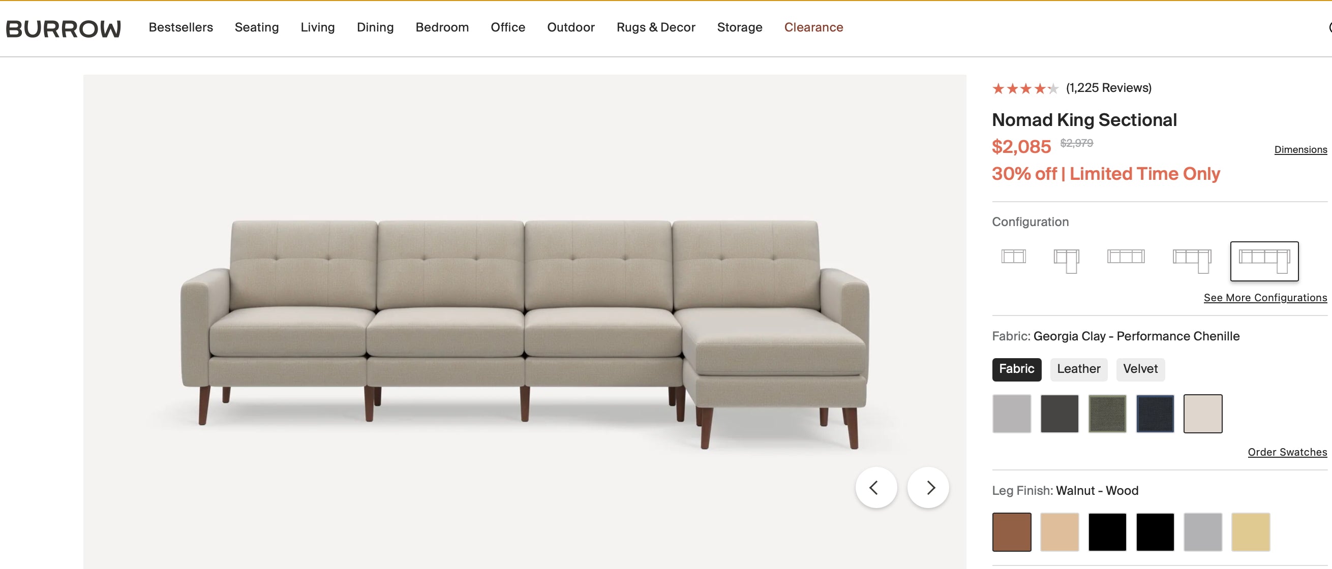 Burrow Nomad King Sectional, Reversible Chaise, Reversible Tuft or Flat Back Cushion in Georgia Clay - Performance Chenille