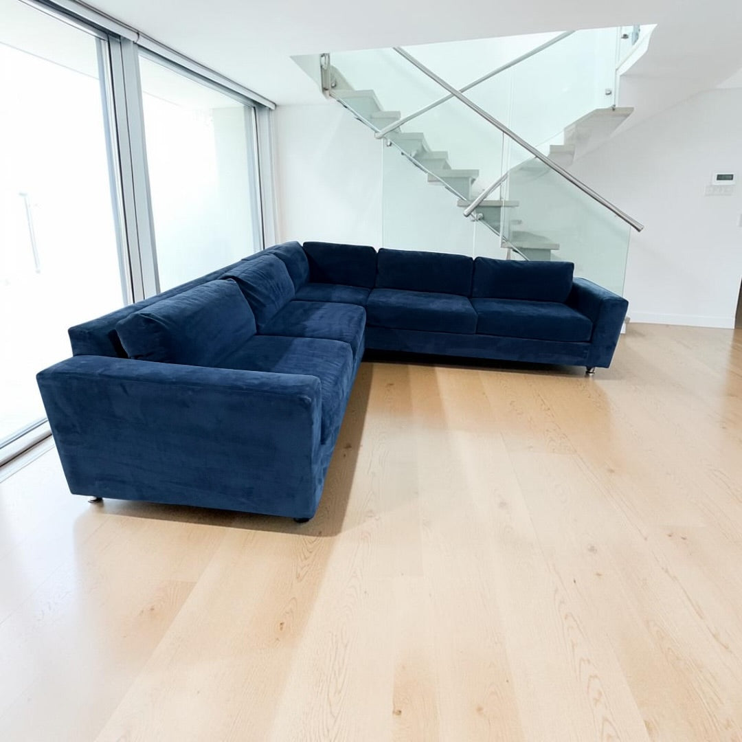 West Elm Urban 116” L Shape Corner sectional sofa, down blend cushions, ink, blue velvet.