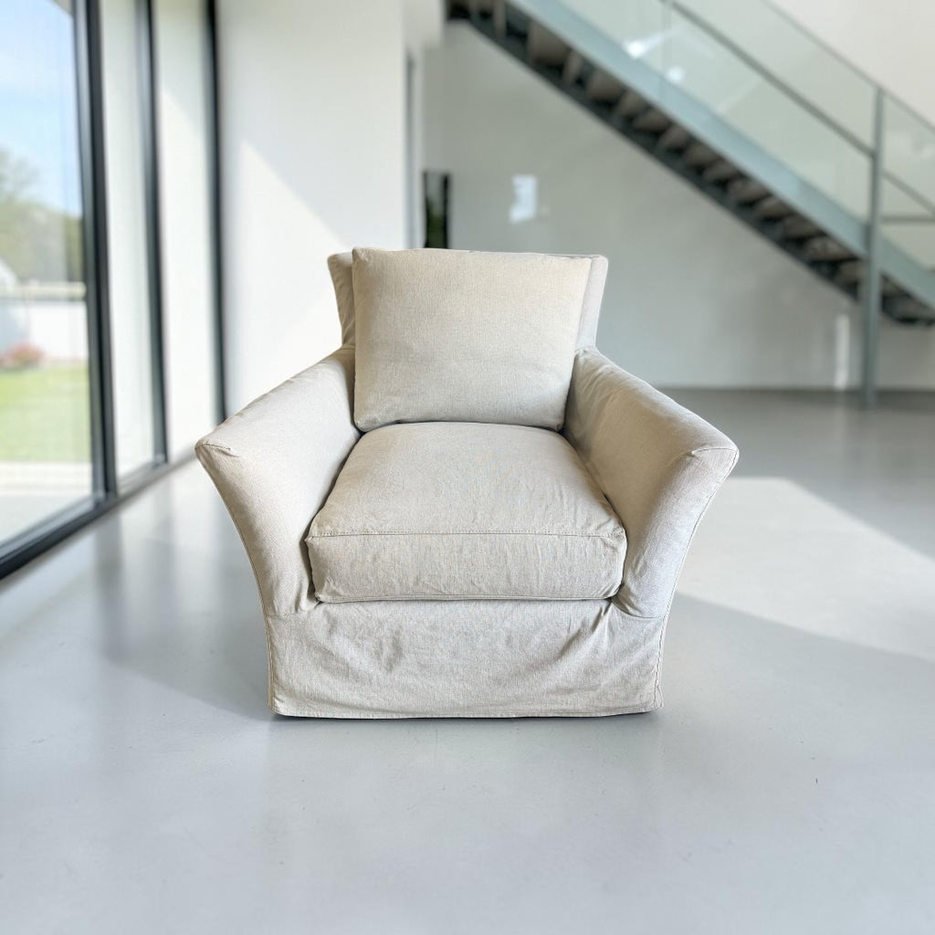 Crate & Barrel Slipcovered Swivel Rocking Chair with Slipcovered Rolling Ottoman in Muslin Natural