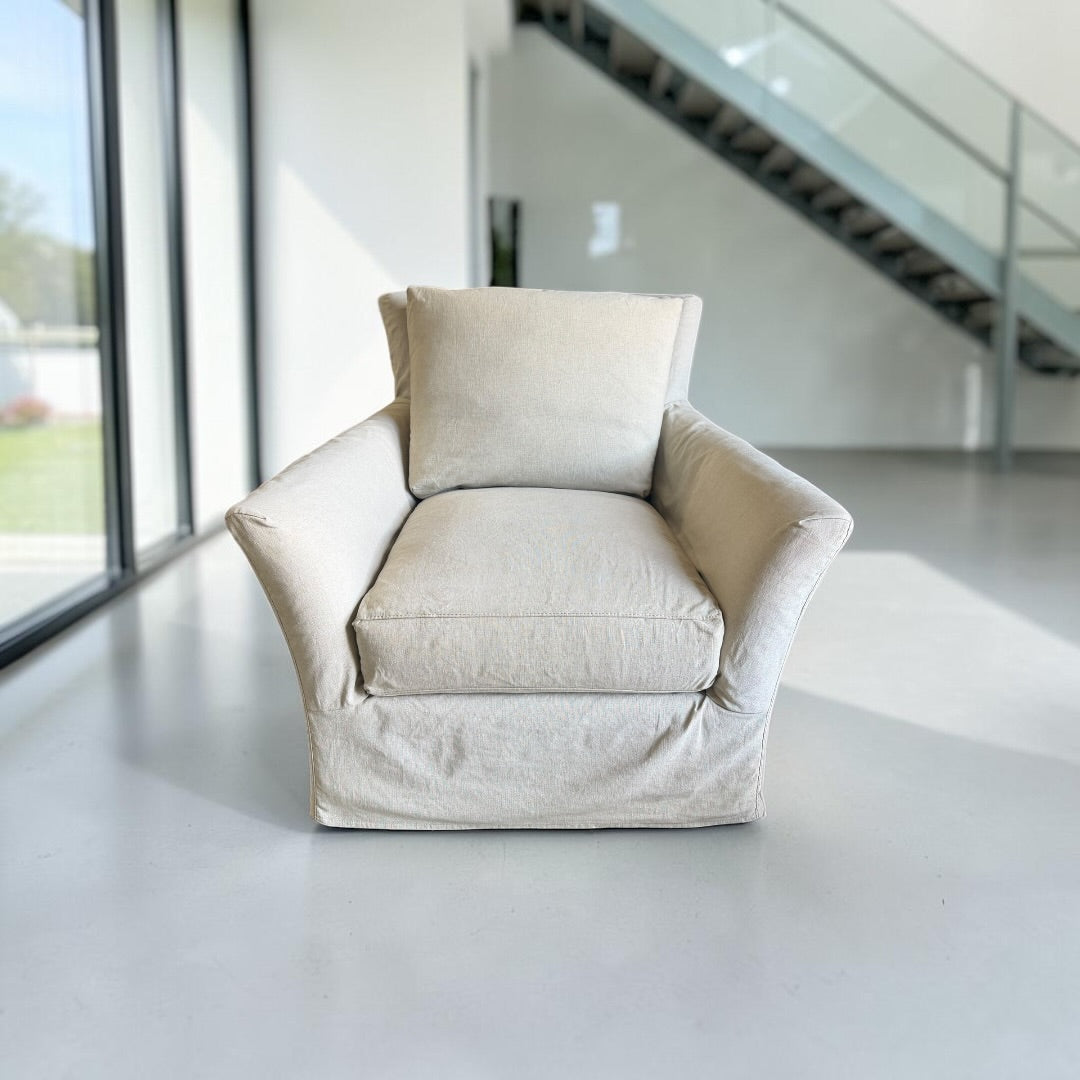 Crate & Barrel Slipcovered Swivel Rocking Chair with Slipcovered Rolling Ottoman in Muslin Natural