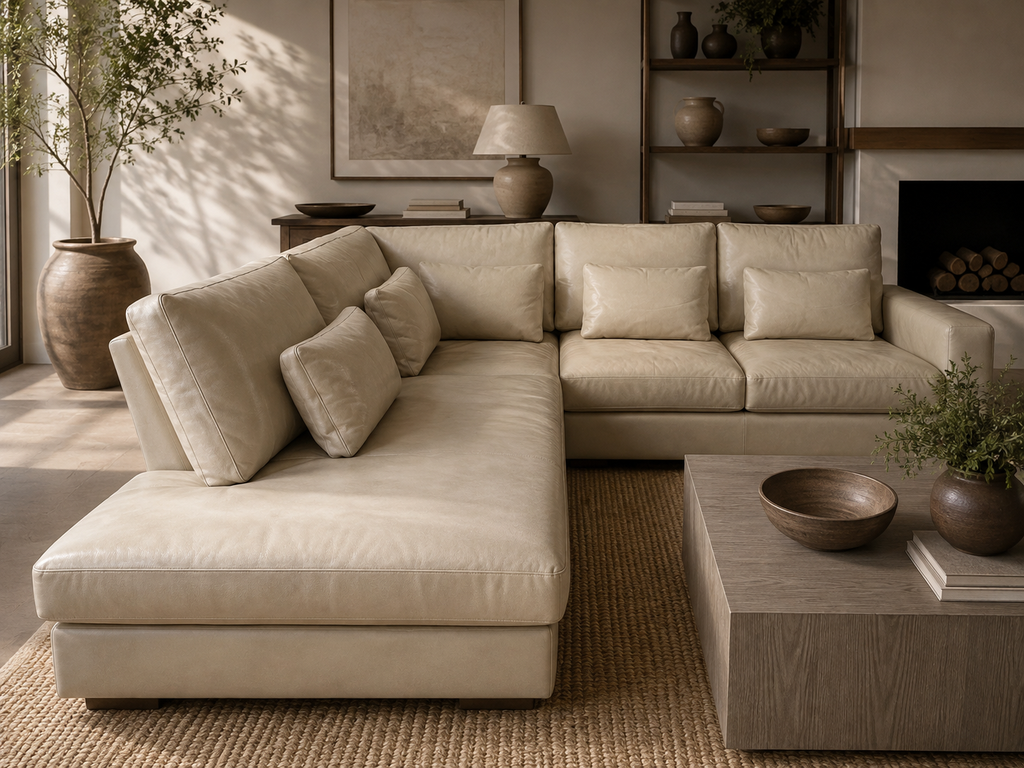 Potterybarn Big Sur 122" X 99" × Luxe 46" Deep Square Arm Leather Return Bumper Sectional in Signature Chalk Leather