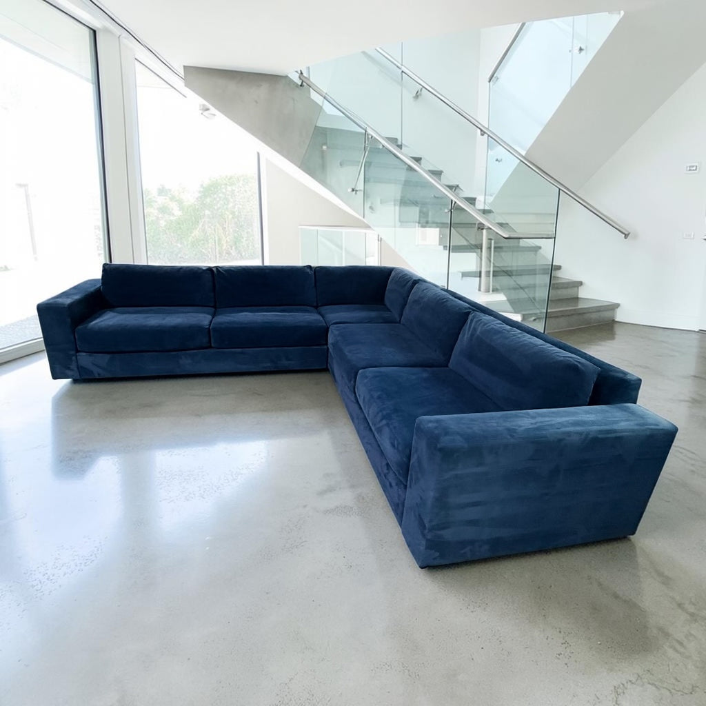 West Elm Urban 116” L Shape Corner sectional sofa, down blend cushions, ink, blue velvet.