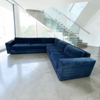 West Elm Urban 116” L Shape Corner sectional sofa, down blend cushions, ink, blue velvet.