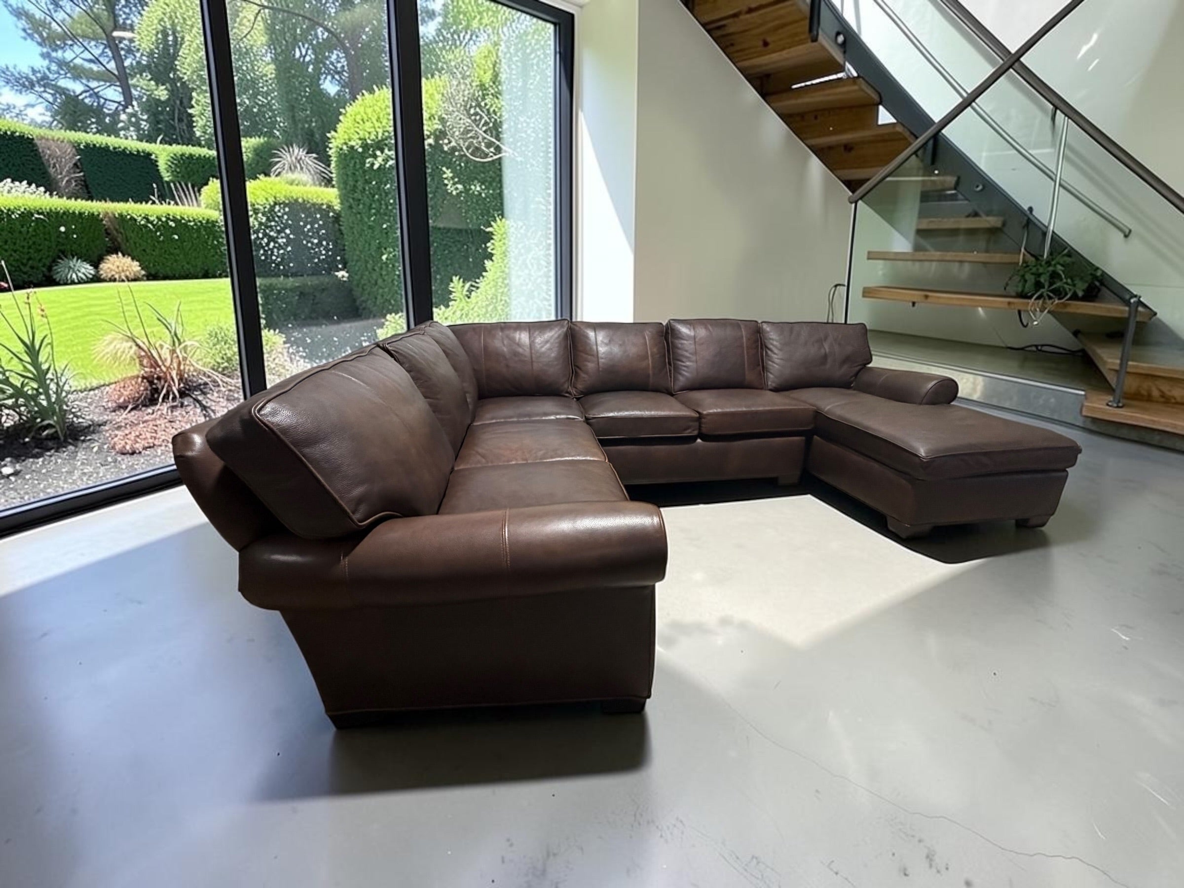 Arhaus Colby 124” 3 Piece U Shape Sofa Chaise Leather Sofa in Bronco Whiskey