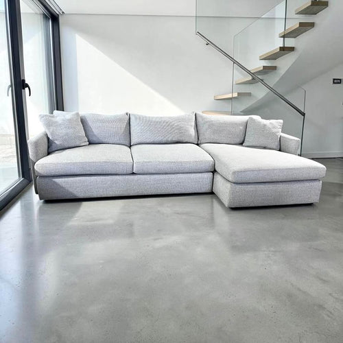 Crate & Barrel Lounge Deep 125” Sofa Chaise, Down Blend Cushions in Performance Taft Cement