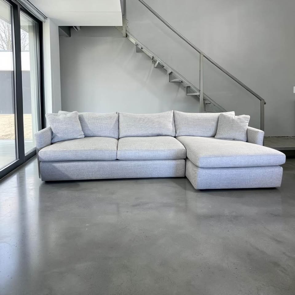 Crate & Barrel Lounge Deep 125” Sofa Chaise, Down Blend Cushions in Performance Taft Cement