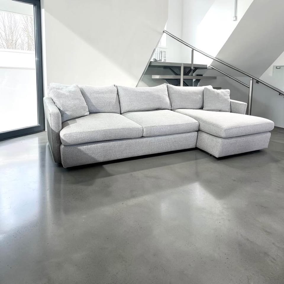 Crate & Barrel Lounge Deep 125” Sofa Chaise, Down Blend Cushions in Performance Taft Cement