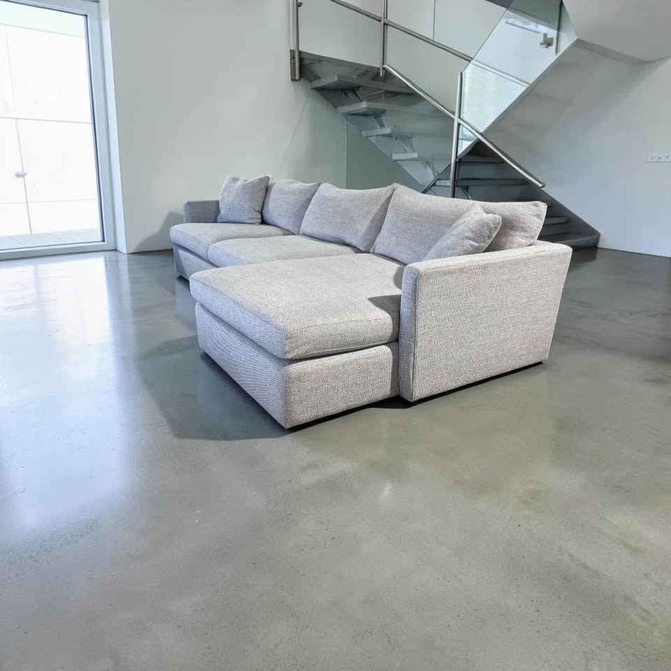 Crate & Barrel Lounge Deep 125” Sofa Chaise, Down Blend Cushions in Performance Taft Cement