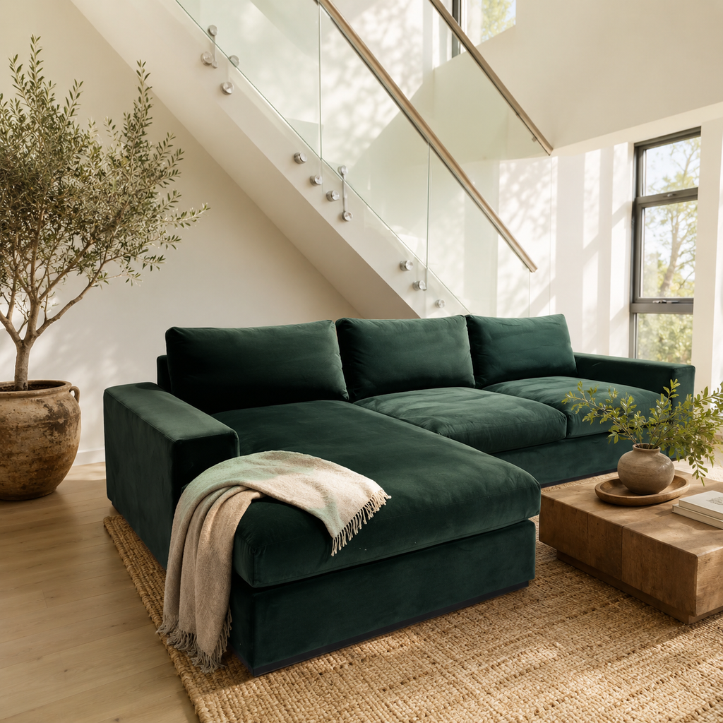 Joybird Holt 122” 2 Piece Sofa Chaise Sectional in Royale Evergreen.