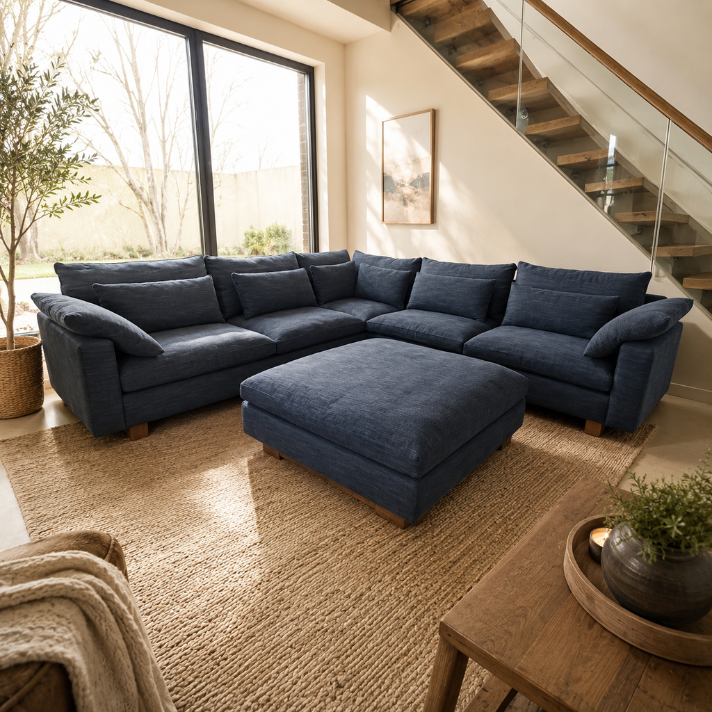 West Elm Harmony 117” 3 Piece L Shape w/ Ottoman in Midnight Performance Distressed Velvet