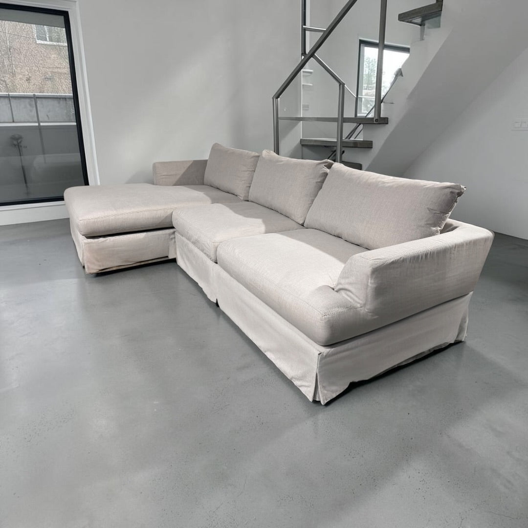 Arhaus Slipcovered Helena 122” 2 Piece Sofa Chaise Sectional in Natural Coastal Linen.