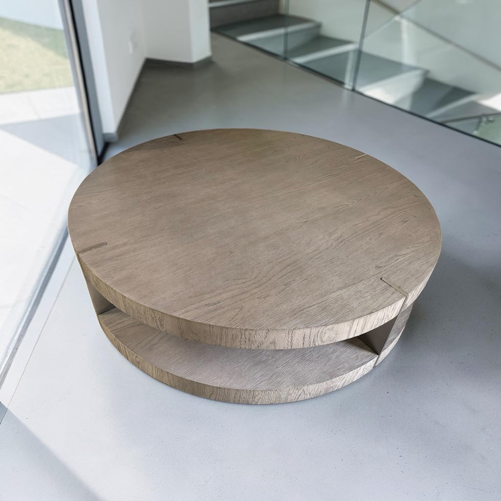 Restoration Hardware Ligne Open 55” Round Coffee Table in Brushed Brown Oak