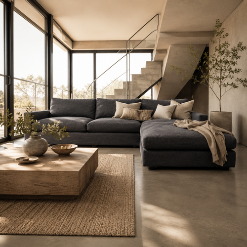 Room & Board Linger 116” 2 piece Sofa Chaise Sectional, Down Blend Cushions in Sumner Navy.