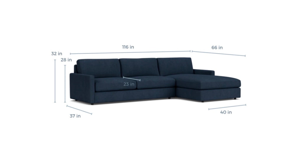 Room & Board Linger 116” 2 piece Sofa Chaise Sectional, Down Blend Cushions in Sumner Navy.
