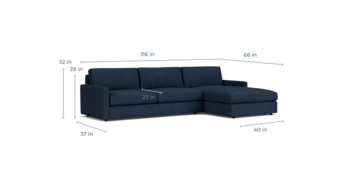 Room & Board Linger 116” 2 piece Sofa Chaise Sectional, Down Blend Cushions in Sumner Navy.