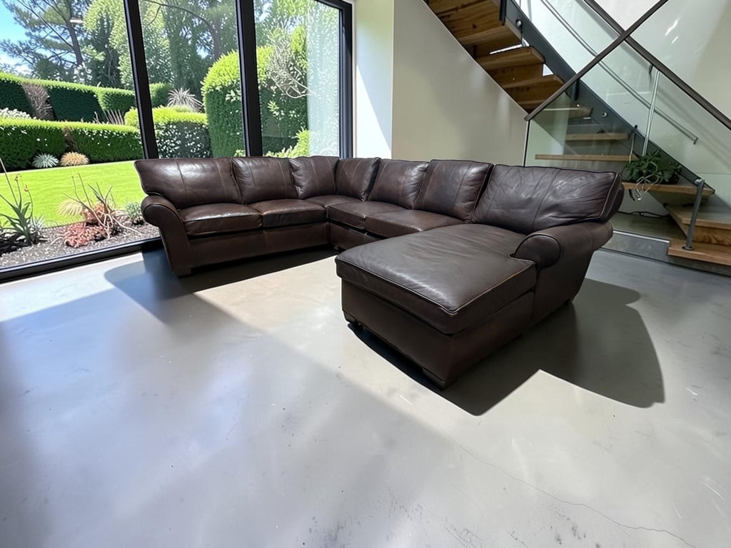 Arhaus Colby 124” 3 Piece U Shape Sofa Chaise Leather Sofa in Bronco Whiskey