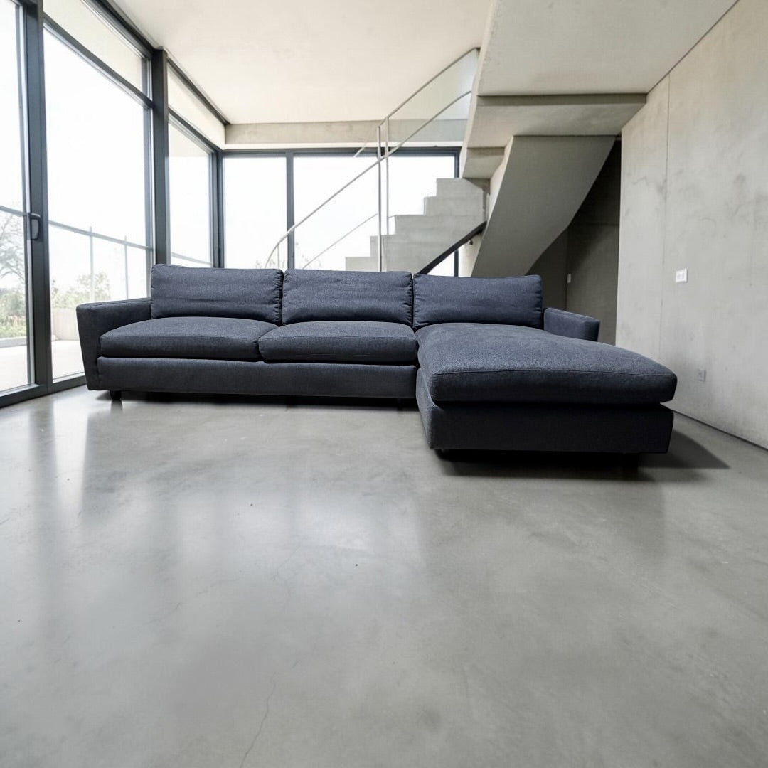 Room & Board Linger 116” 2 piece Sofa Chaise Sectional, Down Blend Cushions in Sumner Navy.
