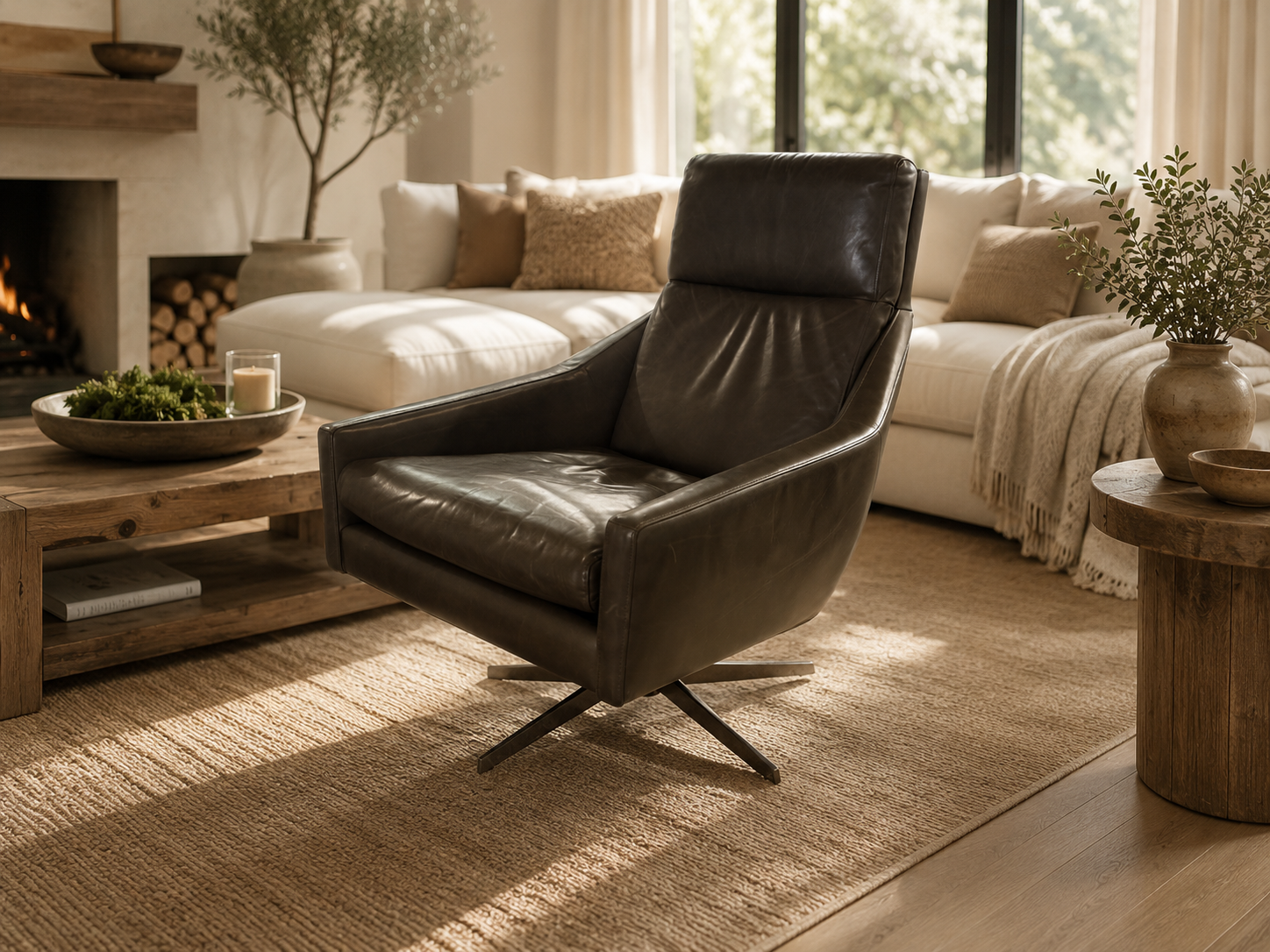 West Elm Austin Leather Swivel Chair in Charcoal Green Leather
