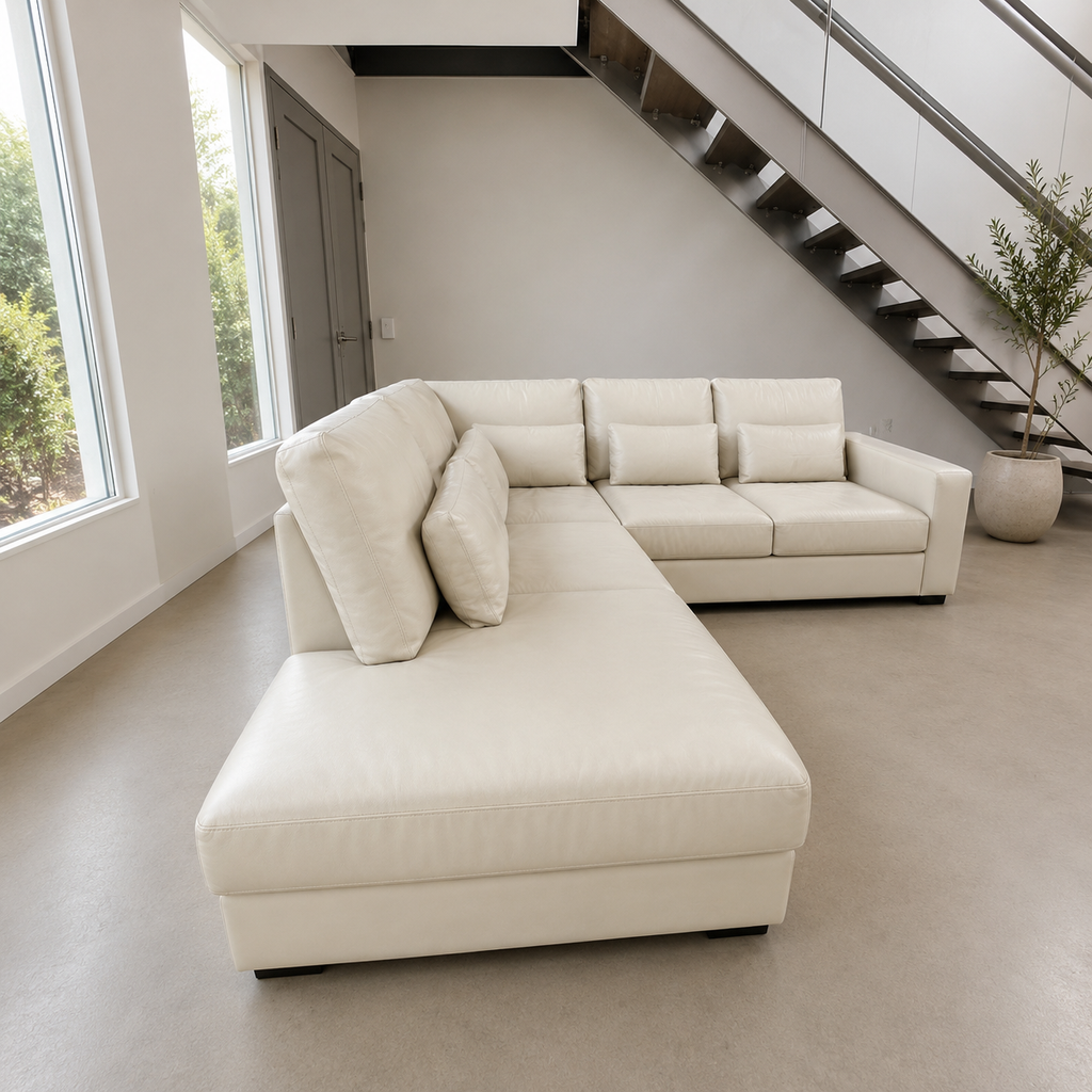 Potterybarn Big Sur 122" X 99" × Luxe 46" Deep Square Arm Leather Return Bumper Sectional in Signature Chalk Leather