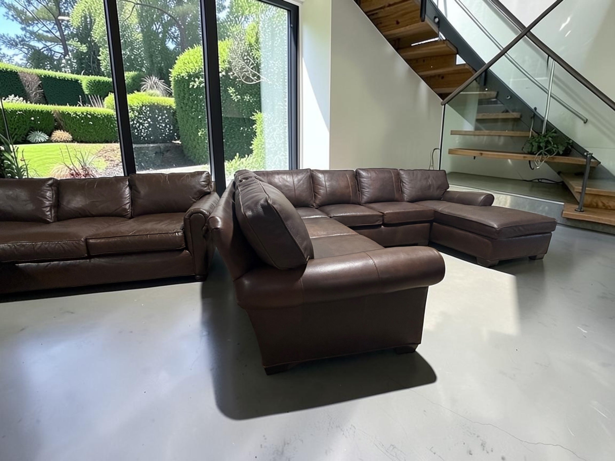 Arhaus Colby 124” 3 Piece U Shape Sofa Chaise Leather Sofa in Bronco Whiskey