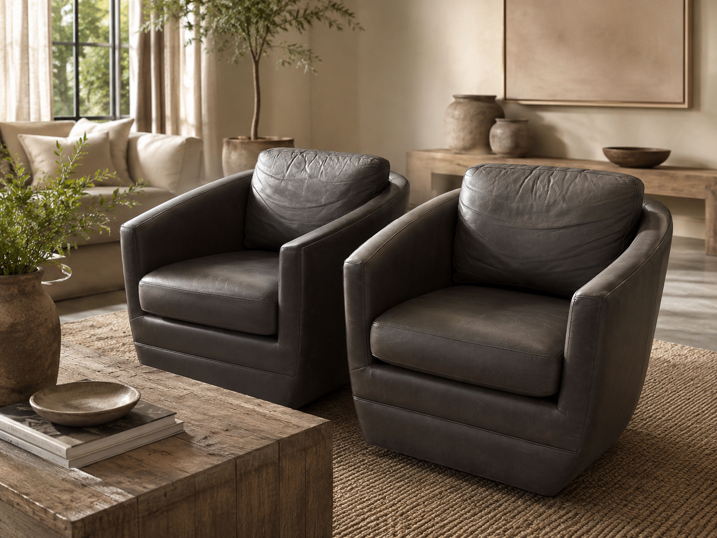Room & Board Ford Swivel Chairs in Laino Slate Leathe