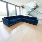 West Elm Urban 116” L Shape Corner sectional sofa, down blend cushions, ink, blue velvet.