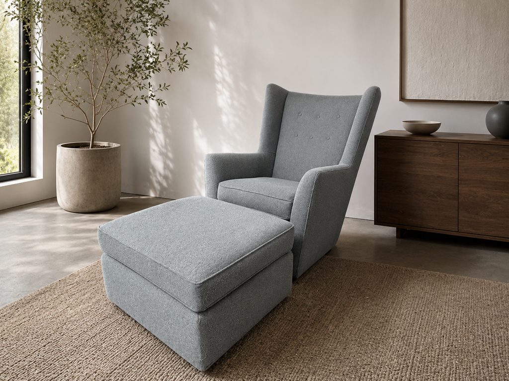 Room & Board Kennedy Swivel Glider Chair w/ ottoman in Declan Haze