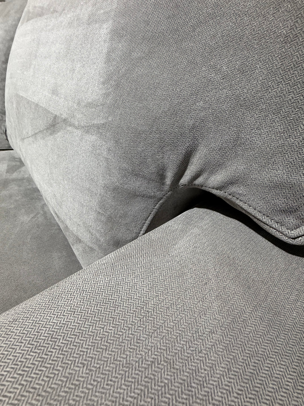 Crate & Barrel Axis 113 x 110, 3 Piece Sofa sectional, down blend in Douglas gray herringbone microfiber