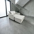 Crate & Barrel Lounge Deep 49” Chair & Half w/ Rolling Folding Table Ottoman in Taft Cement