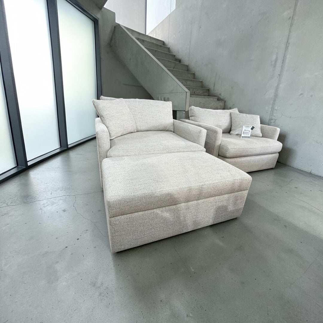 Crate & Barrel Lounge Deep 49” Chair & Half w/ Rolling Folding Table Ottoman in Taft Cement
