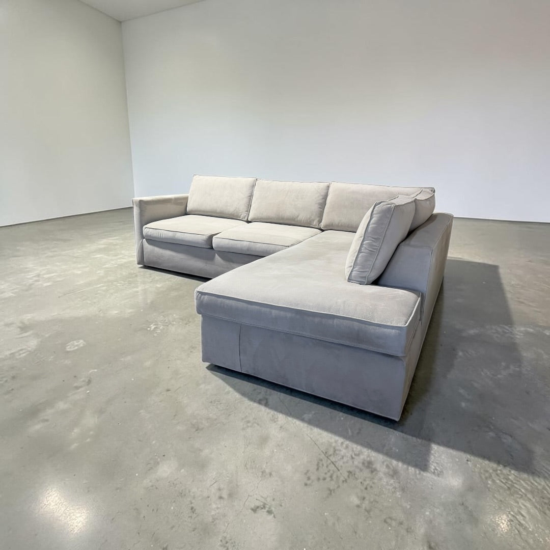 West Elm Harris 106” L Shape Sofa Chaise Sectional Down Blend in Stone Performance Velvet