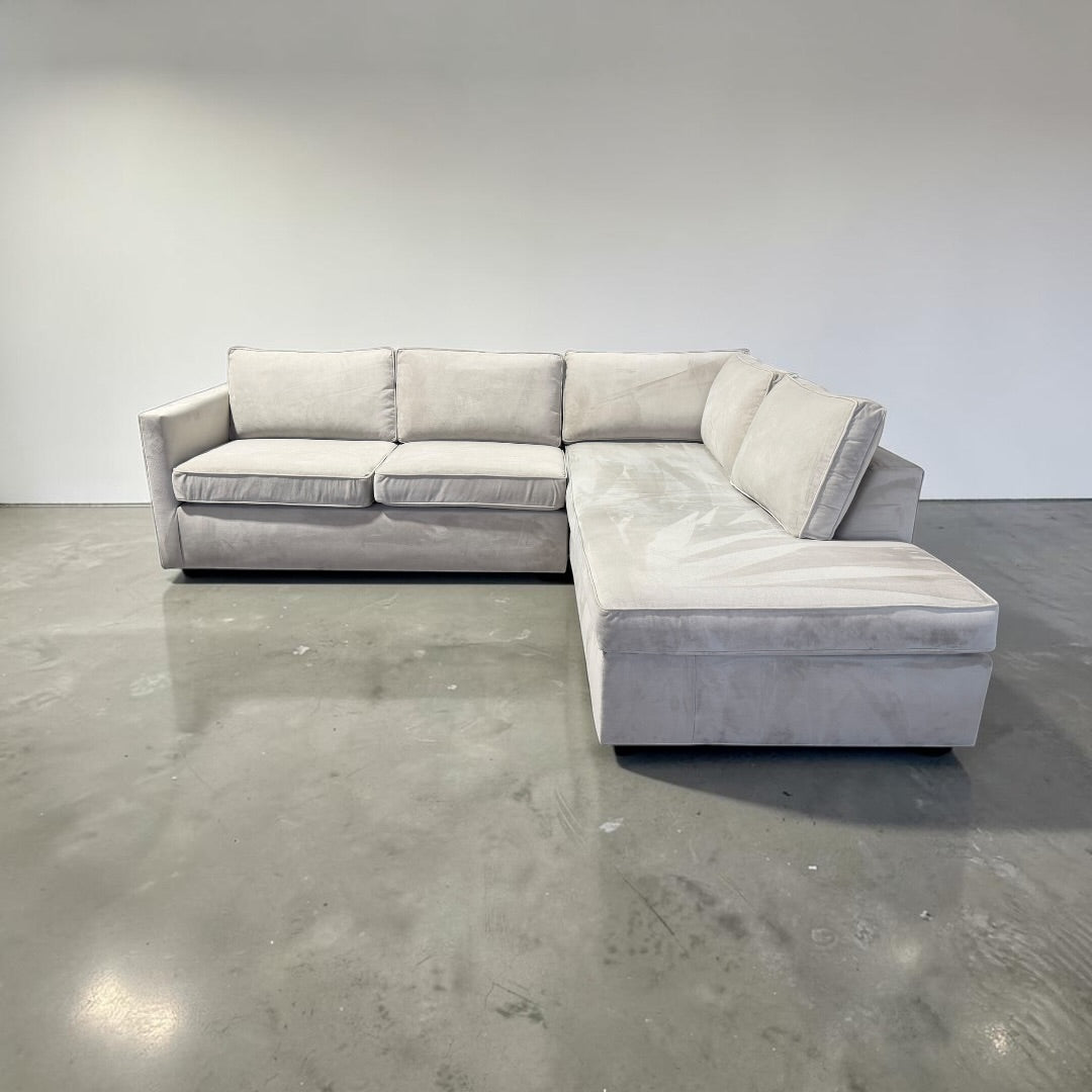 West Elm Harris 106” L Shape Sofa Chaise Sectional Down Blend in Stone Performance Velvet