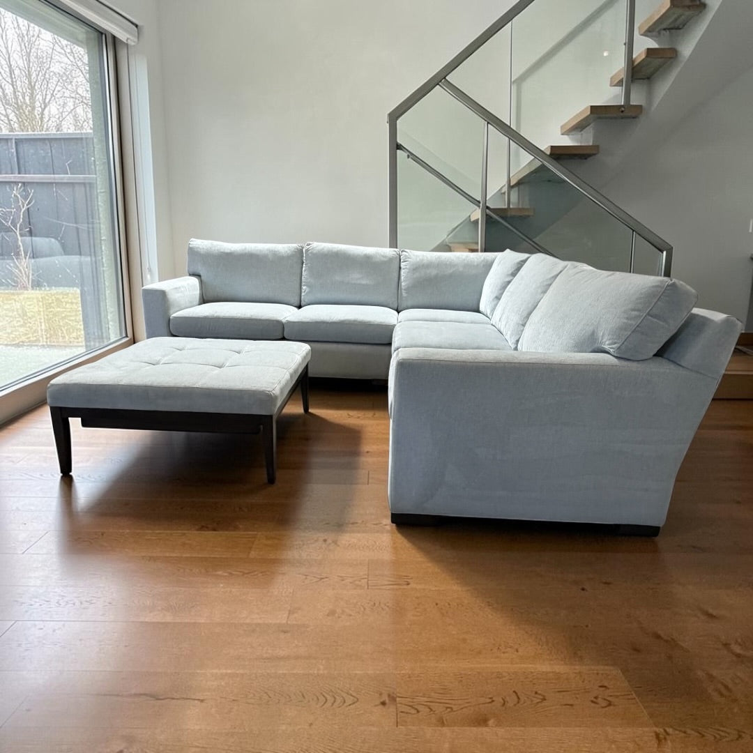 Crate & Barrel Axis113” 2 Piece, L Shape XL Deep Sofa Sectional w/ Ottoman, Down Blend Cushions in Synergy Haze Chenille