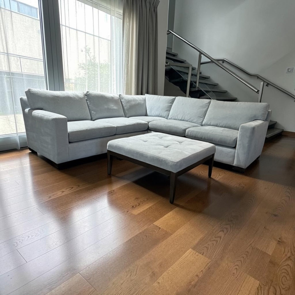 Crate & Barrel Axis113” 2 Piece, L Shape XL Deep Sofa Sectional w/ Ottoman, Down Blend Cushions in Synergy Haze Chenille
