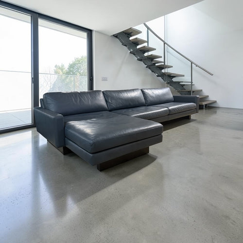Room & Board Pierson 129” Leather, 2 Piece Sofa Chaise Sectional, Down Blend in Vento Cadet Leather