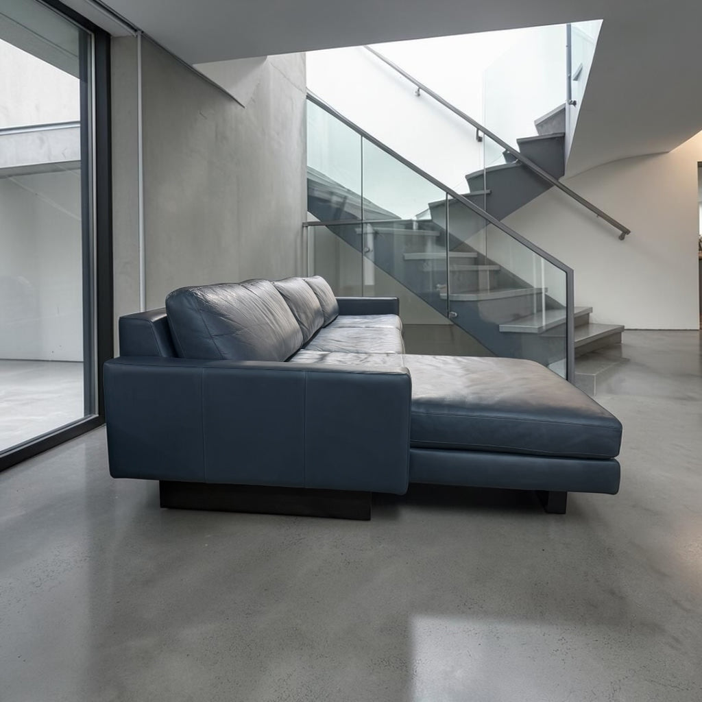 Room & Board Pierson 129” Leather, 2 Piece Sofa Chaise Sectional, Down Blend in Vento Cadet Leather