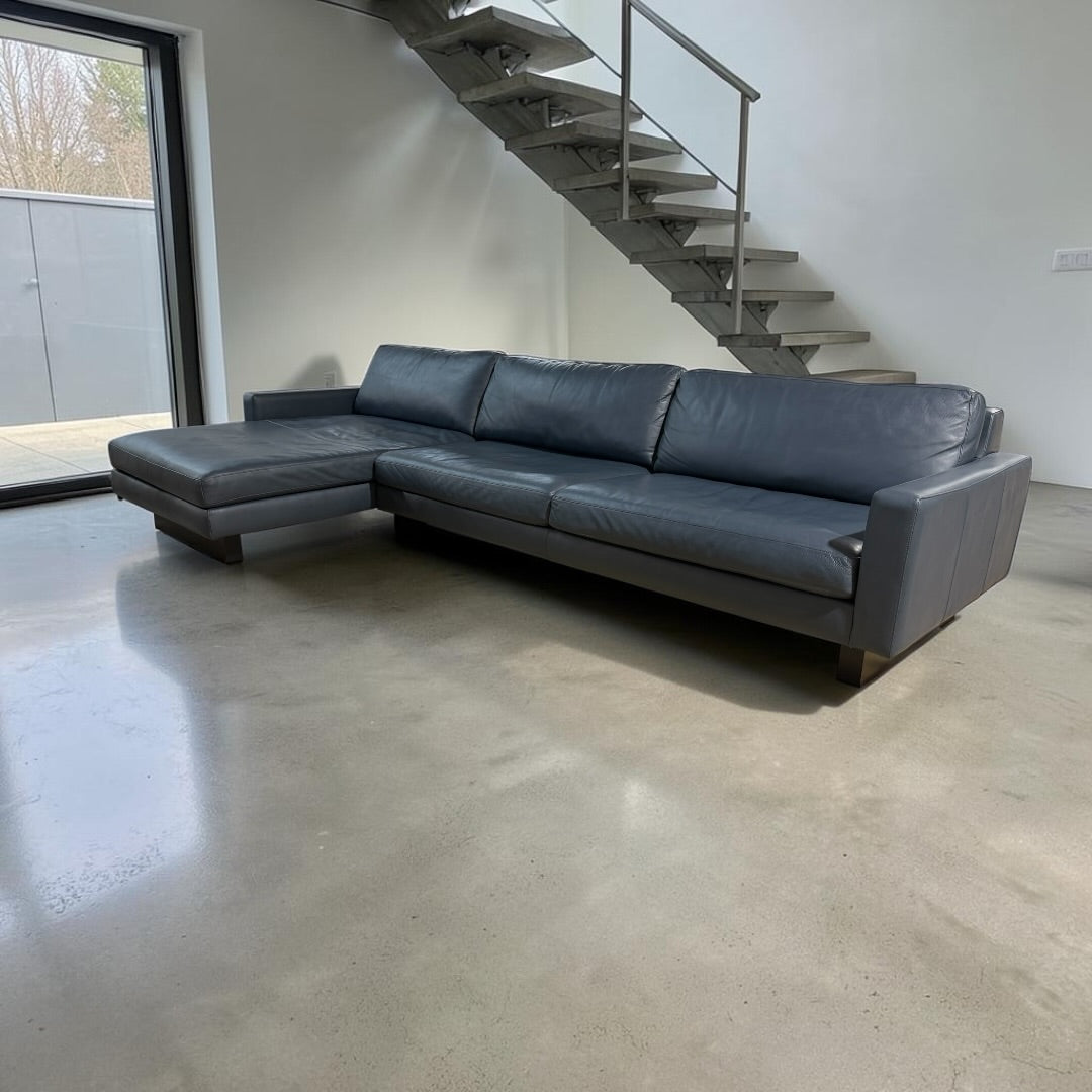 Room & Board Pierson 129” Leather, 2 Piece Sofa Chaise Sectional, Down Blend in Vento Cadet Leather