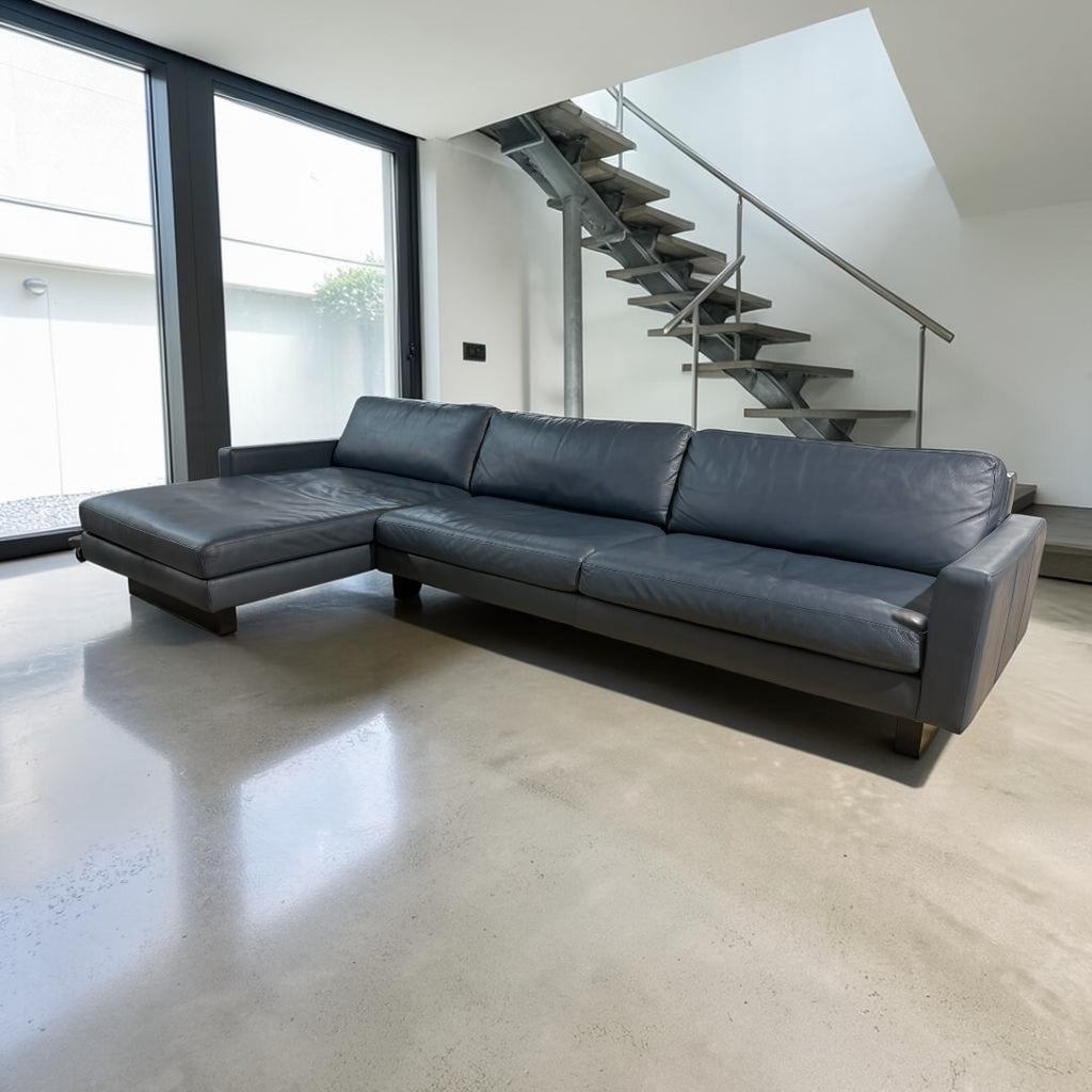 Room & Board Pierson 129” Leather, 2 Piece Sofa Chaise Sectional, Down Blend in Vento Cadet Leather