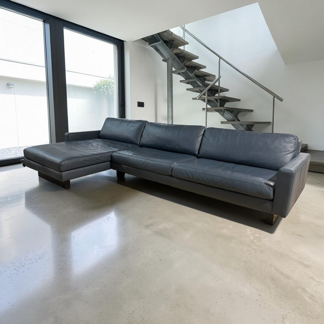Room & Board Pierson 129” Leather, 2 Piece Sofa Chaise Sectional, Down Blend in Vento Cadet Leather