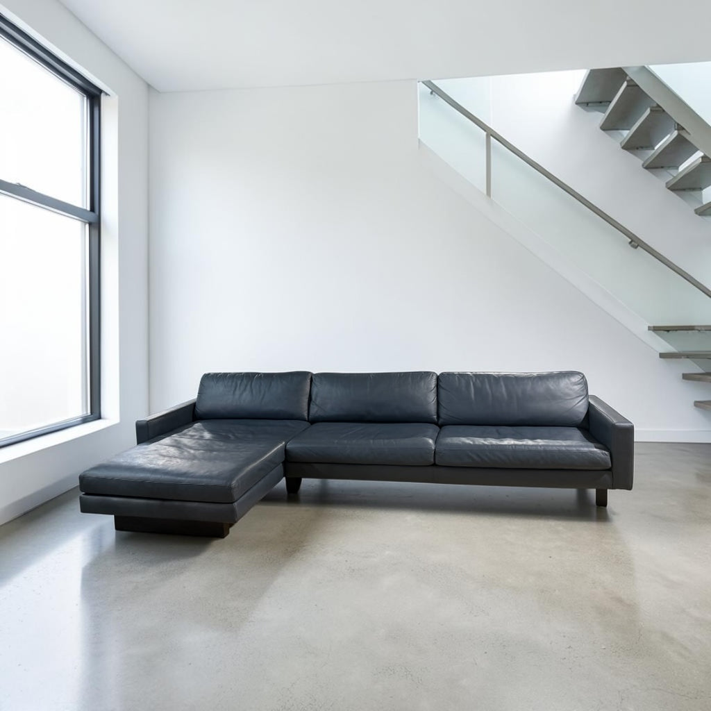 Room & Board Pierson 129” Leather, 2 Piece Sofa Chaise Sectional, Down Blend in Vento Cadet Leather