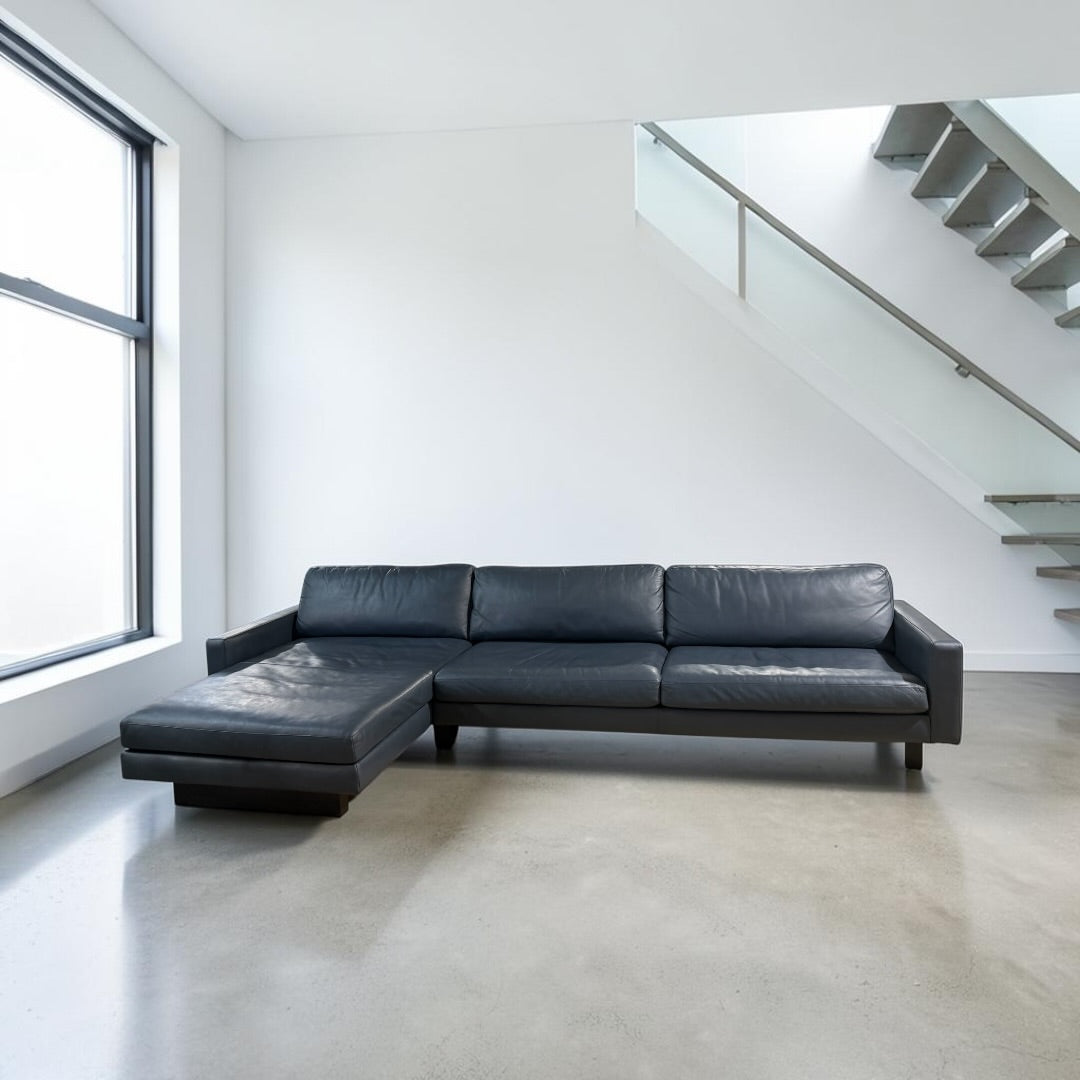 Room & Board Pierson 129” Leather, 2 Piece Sofa Chaise Sectional, Down Blend in Vento Cadet Leather