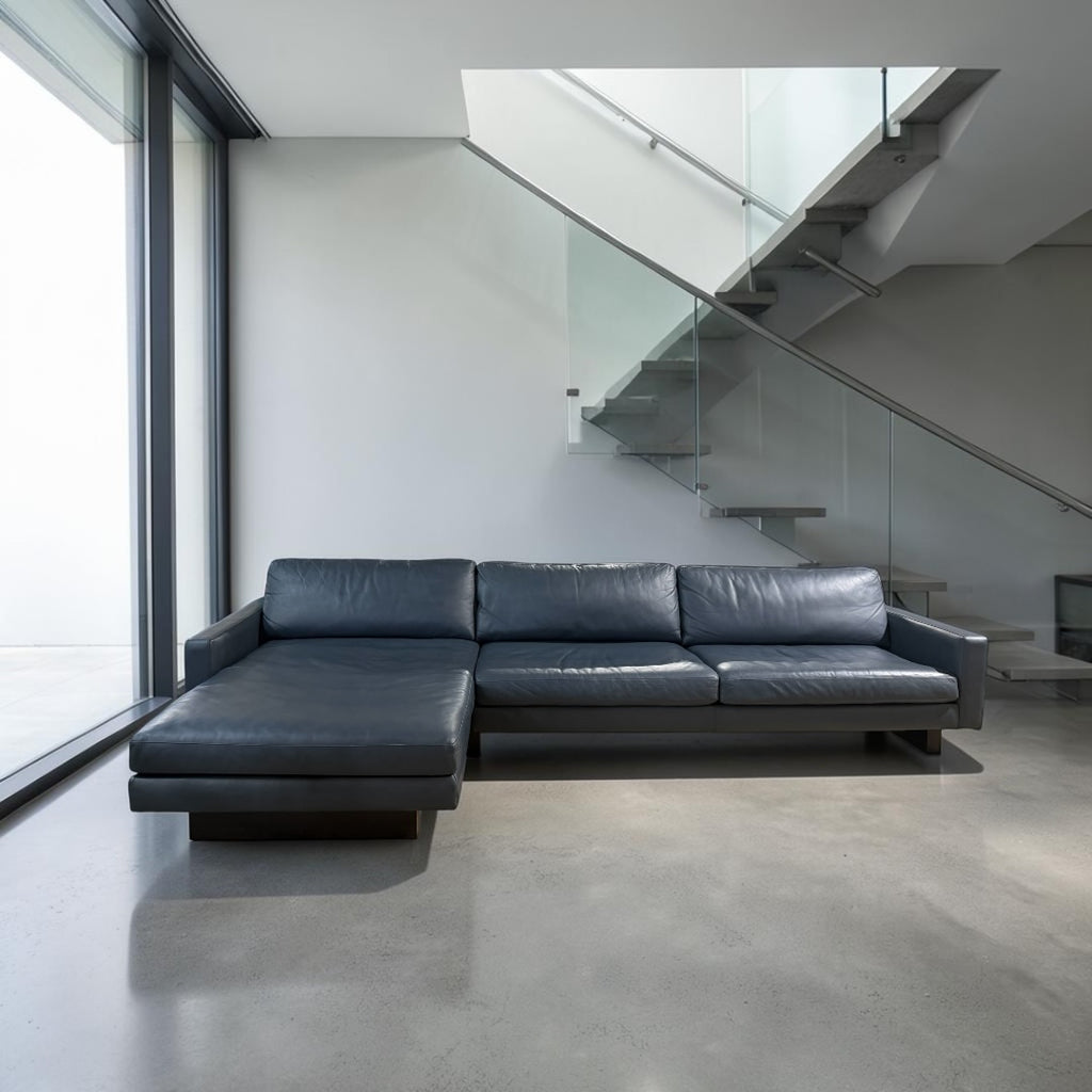 Room & Board Pierson 129” Leather, 2 Piece Sofa Chaise Sectional, Down Blend in Vento Cadet Leather