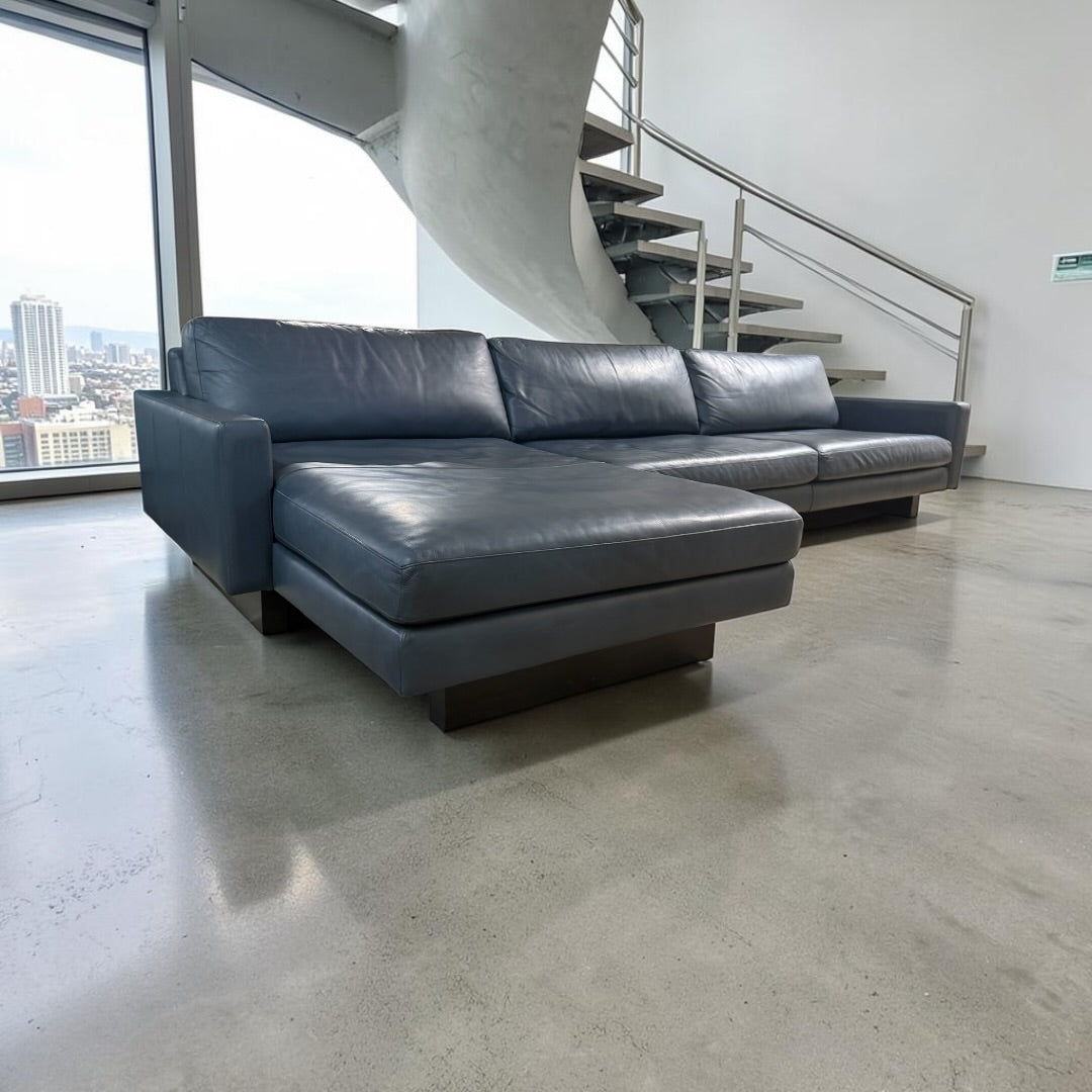 Room & Board Pierson 129” Leather, 2 Piece Sofa Chaise Sectional, Down Blend in Vento Cadet Leather