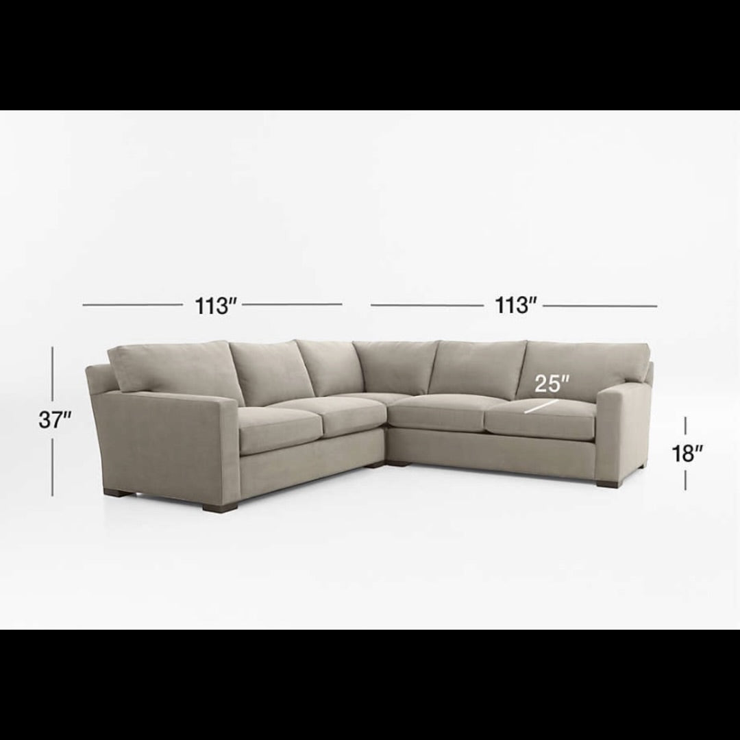 Crate & Barrel Axis113” 2 Piece, L Shape XL Deep Sofa Sectional w/ Ottoman, Down Blend Cushions in Synergy Haze Chenille