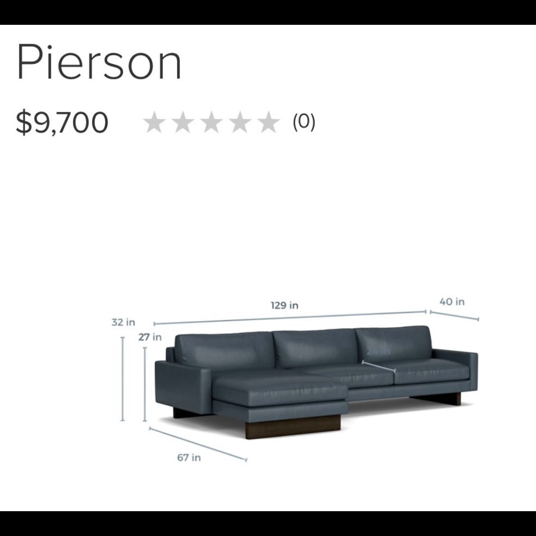 Room & Board Pierson 129” Leather, 2 Piece Sofa Chaise Sectional, Down Blend in Vento Cadet Leather