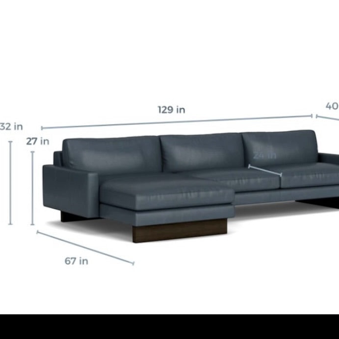 Room & Board Pierson 129” Leather, 2 Piece Sofa Chaise Sectional, Down Blend in Vento Cadet Leather