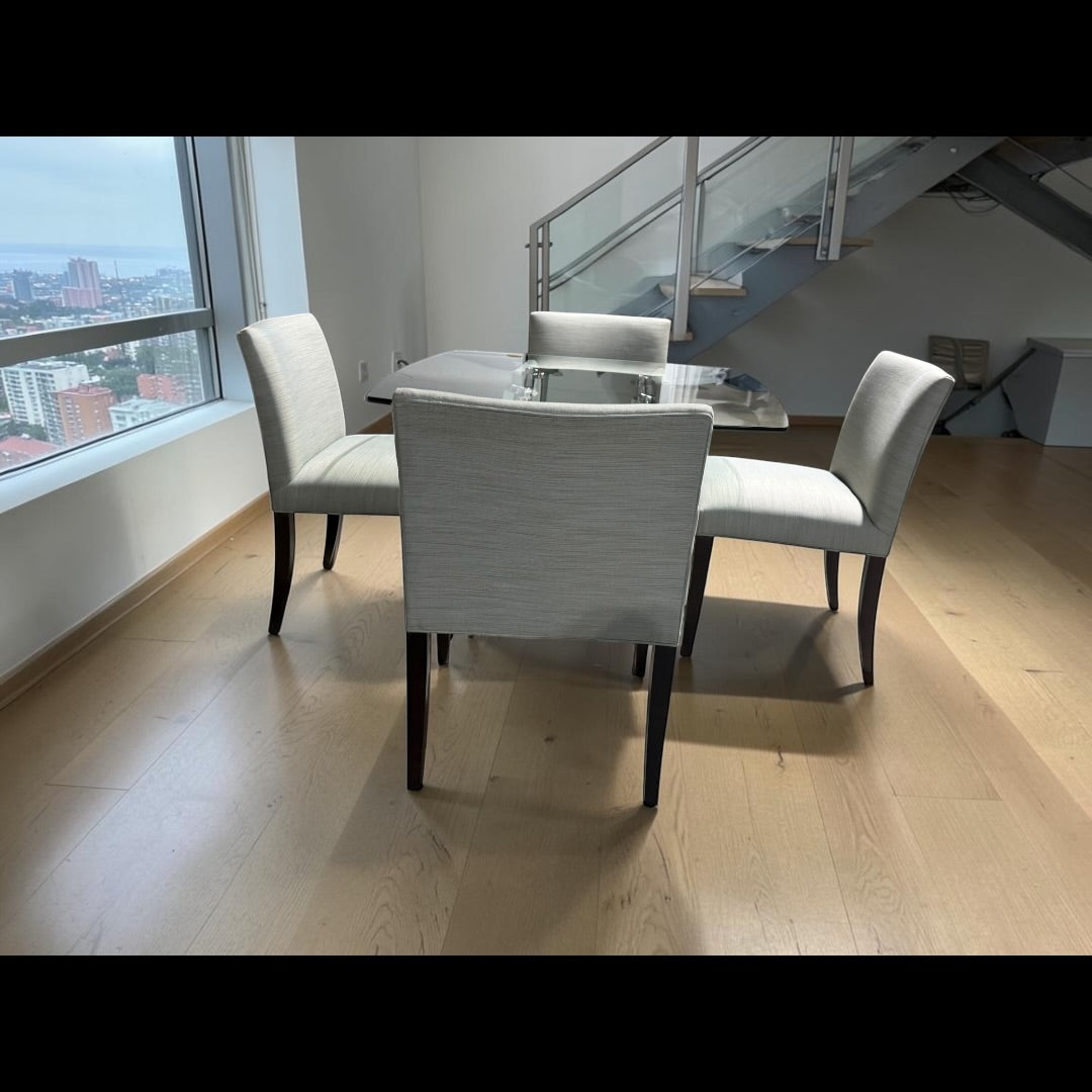 Room & Board Glass Dining Table and 4 chairs in Conley Slate