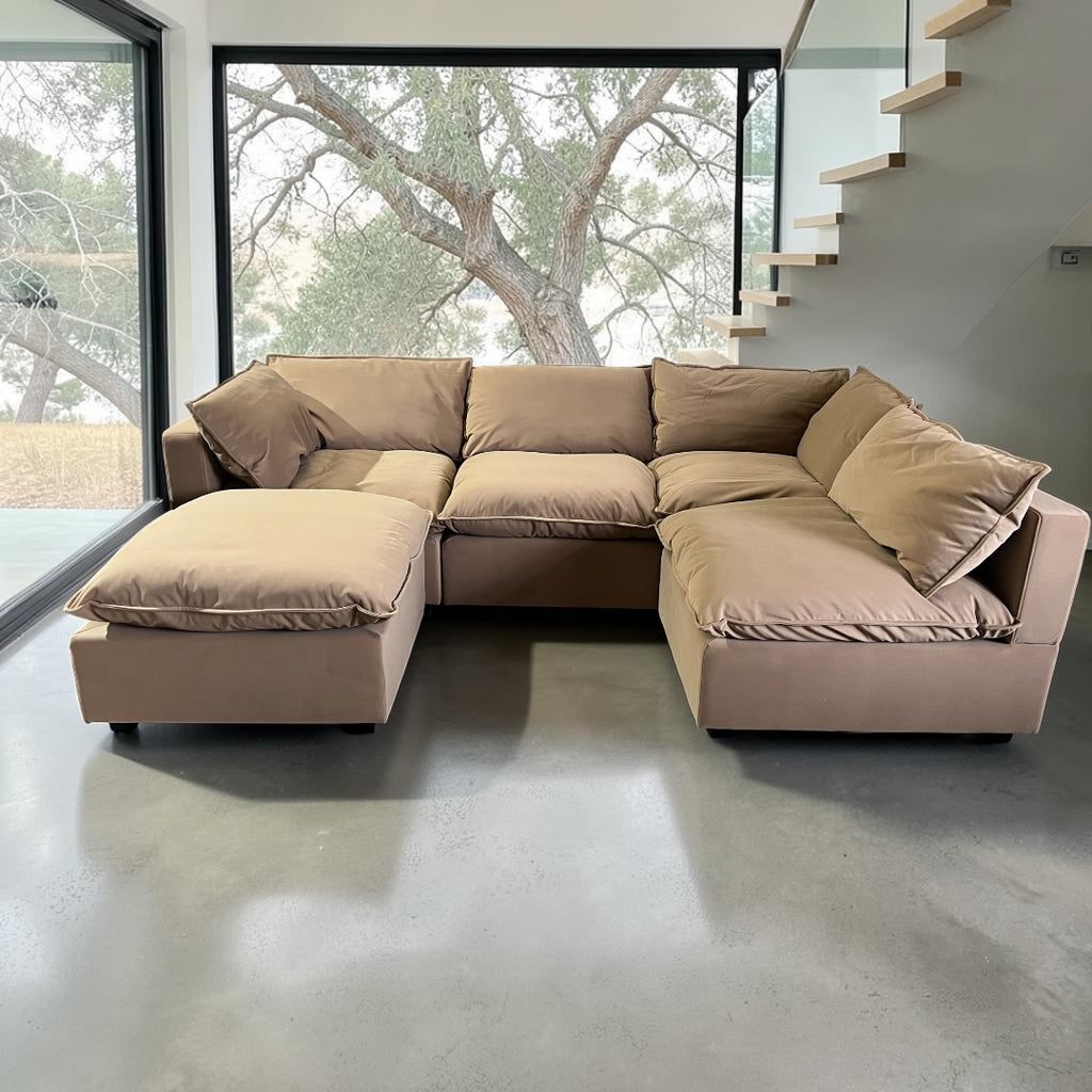 Albany Park Kova 122” 5 Piece Pillow Cushion Modular 5 Piece L-Shape Sofa Chaise + Ottoman Camel Tan Performance Velvet