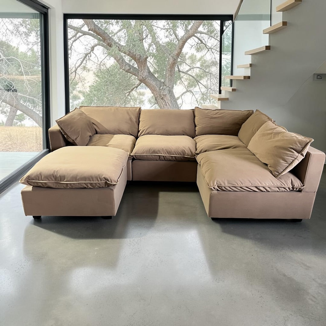 Albany Park Kova 122” 5 Piece Pillow Cushion Modular 5 Piece L-Shape Sofa Chaise + Ottoman Camel Tan Performance Velvet